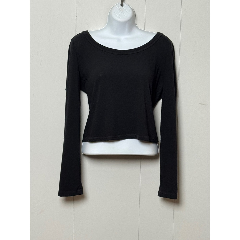 Lush Women's Black Scoop Neck Long Sleeve Crop Top Shirt Size XL